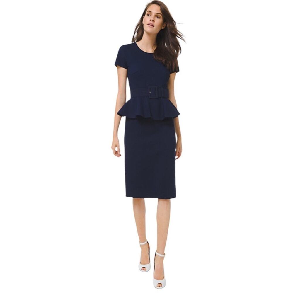 Michael Kors Collection Womens Navy Stretch Boucle Peplum Sheath Dress Size 2